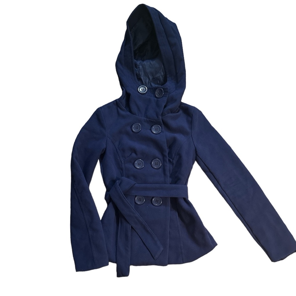 Navy blue long sleeve hooded coat
